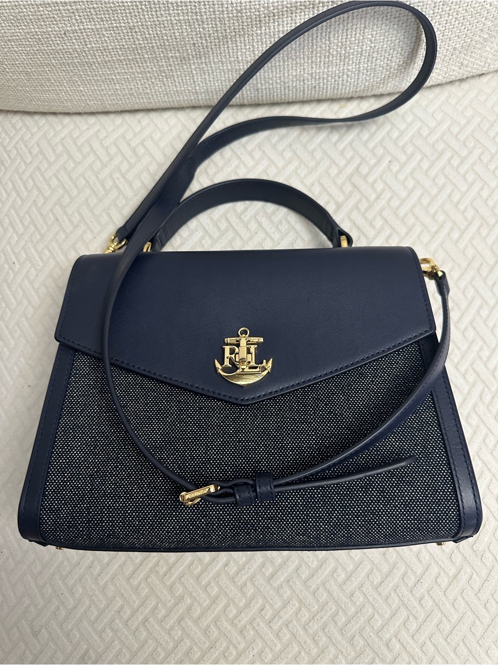 Ralph Lauren Navy Satchel with Gold Anchor Hardware